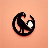 a black bird with an egg on a peach background